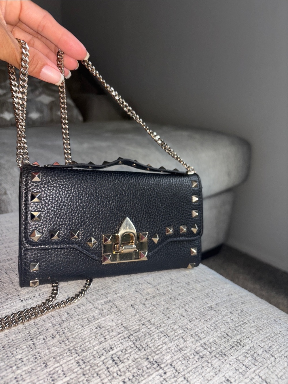 Valentino Black Pebbled Leather Crossbody with Gold Stud Detail